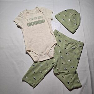 Sterling Baby boy 9m 3pc Set I Love My Mommy Bodysuit Pants Hat Green Car NWT